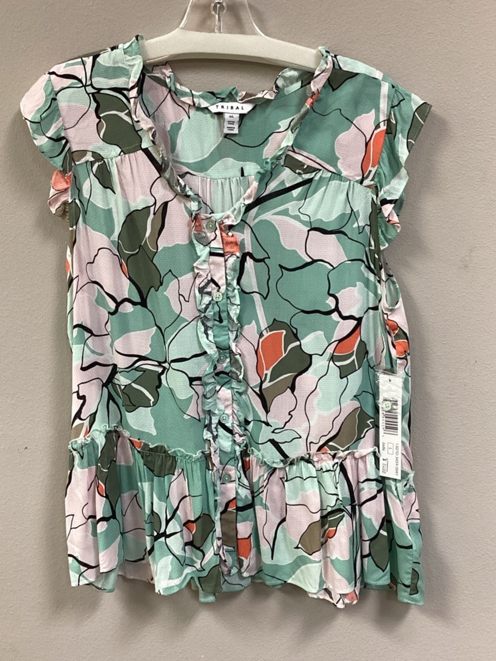 Tribal Mint Floral Ruffle Button-Up Blouse with Coral Accents